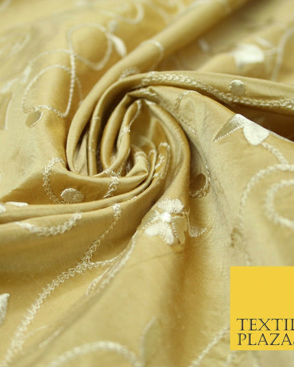 Luxury GOLD IVORY Floral Tulip Loop Embroidered 100% PURE SILK Fabric 54" 4524