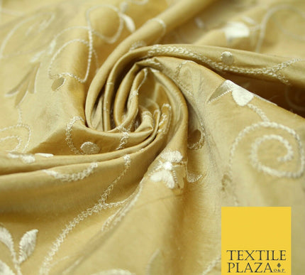 Luxury GOLD IVORY Floral Tulip Loop Embroidered 100% PURE SILK Fabric 54" 4524