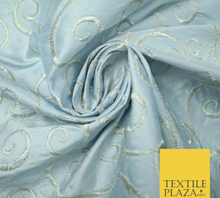Luxury ICE BLUE Fancy Swirl Curls Embroidered 100% PURE SILK Fabric 48" 4520