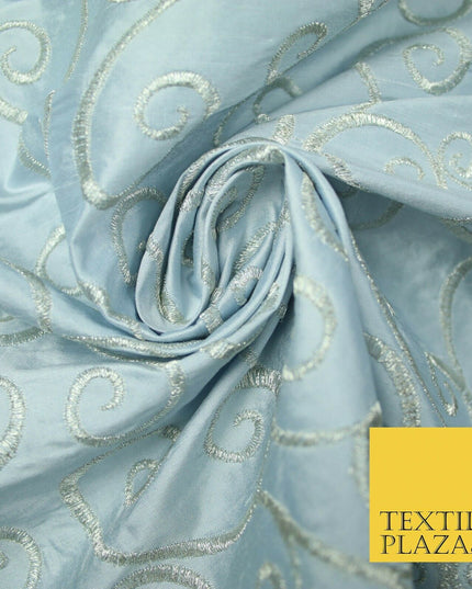 Luxury ICE BLUE Fancy Swirl Curls Embroidered 100% PURE SILK Fabric 48" 4520
