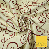 Luxury IVORY MAROON Ornate Swirl Hearts Embroidered 100% PURE SILK Fabric 4534