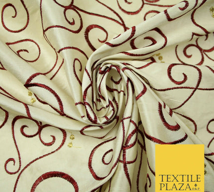 Luxury IVORY MAROON Ornate Swirl Hearts Embroidered 100% PURE SILK Fabric 4534