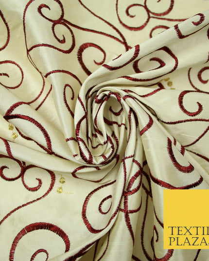 Luxury IVORY MAROON Ornate Swirl Hearts Embroidered 100% PURE SILK Fabric 4534