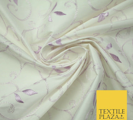 Luxury IVORY Floral Grandeur LILAC Embroidered 100% PURE SILK Fabric 45" 4528