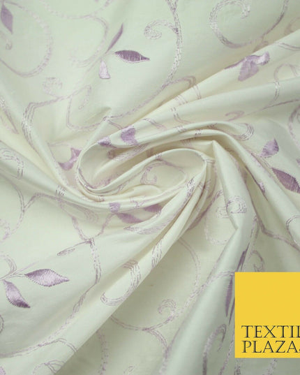 Luxury IVORY Floral Grandeur LILAC Embroidered 100% PURE SILK Fabric 45" 4528