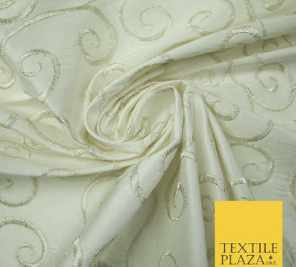 Luxury SILVER Fancy Swirl Curls Embroidered 100% PURE SILK Fabric 45" Wide 4518