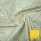 Luxury SILVER Fancy Swirl Curls Embroidered 100% PURE SILK Fabric 45" Wide 4518