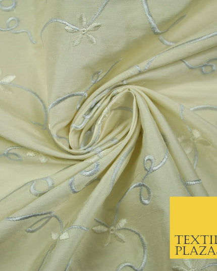Luxury IVORY BEIGE BLUE Ribbon Flower Embroidered 100% PURE SILK Fabric 45" 4516