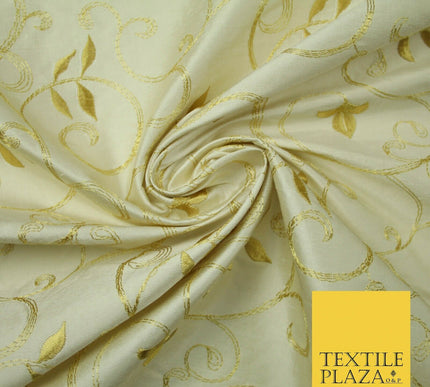 Luxury IVORY Floral Grandeur GOLD Embroidered 100% PURE SILK Fabric 45" 4529