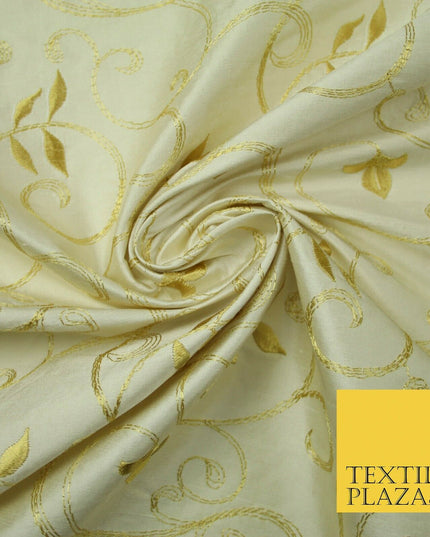 Luxury IVORY Floral Grandeur GOLD Embroidered 100% PURE SILK Fabric 45" 4529