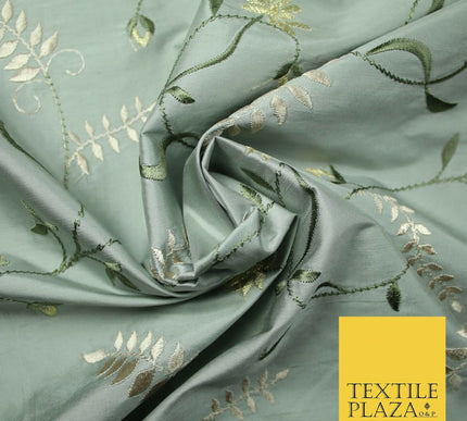 Luxury MARBLE GREY Floral Garden Vine Embroidered 100% PURE SILK Fabric 45" 4532