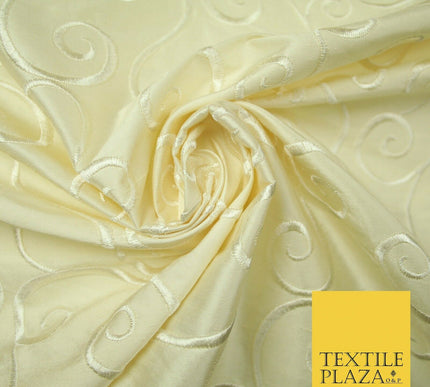 Luxury LIGHT GOLD Fancy Swirl Curls Embroidered 100% PURE SILK Fabric 48" 4519