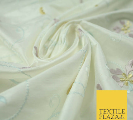 Luxury IVORY Floral Tropical Vine Embroidered 100% PURE SILK Fabric 44" 4530