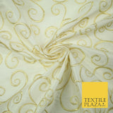 Luxury GOLD Fancy Swirl Curls Embroidered 100% PURE SILK Fabric 45" Wide 4517