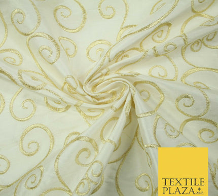 Luxury GOLD Fancy Swirl Curls Embroidered 100% PURE SILK Fabric 45" Wide 4517
