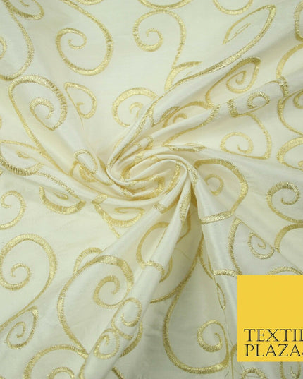 Luxury GOLD Fancy Swirl Curls Embroidered 100% PURE SILK Fabric 45" Wide 4517