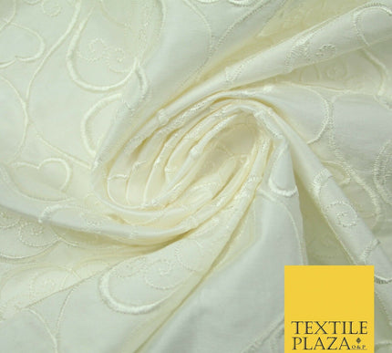 Luxury IVORY Ornate Hearts Design Embroidered 100% PURE SILK Fabric 44" 4521