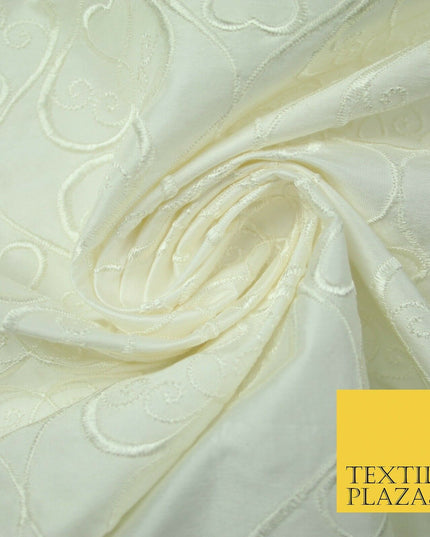 Luxury IVORY Ornate Hearts Design Embroidered 100% PURE SILK Fabric 44" 4521
