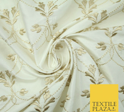 Luxury OYSTER GOLD Floral Lattice Embroidered 100% PURE SILK Fabric 45" 4527
