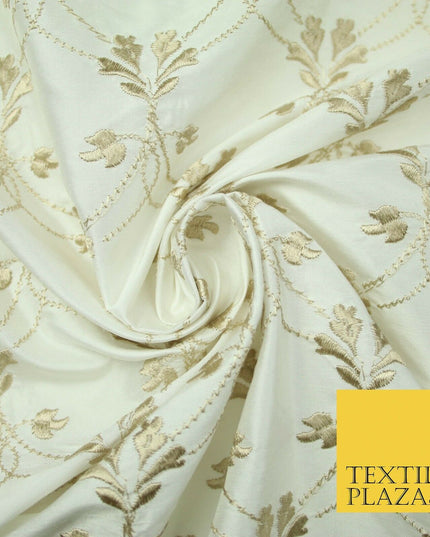 Luxury OYSTER GOLD Floral Lattice Embroidered 100% PURE SILK Fabric 45" 4527