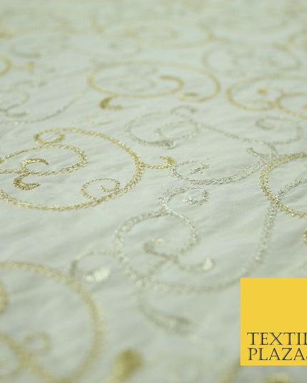 Luxury IVORY GOLD MIX Intricate Vine Embroidered 100% PURE SILK Fabric 44" 4522