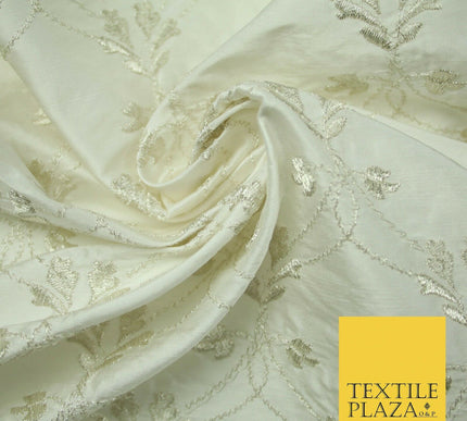 Luxury IVORY SILVER Floral Lattice Embroidered 100% PURE SILK Fabric 45" 4526