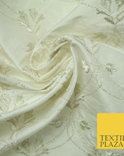Luxury IVORY SILVER Floral Lattice Embroidered 100% PURE SILK Fabric 45" 4526
