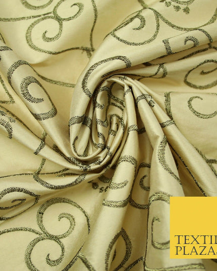 Luxury GOLD Ornate Swirl Hearts Embroidered 100% PURE SILK Fabric Furnishing4536