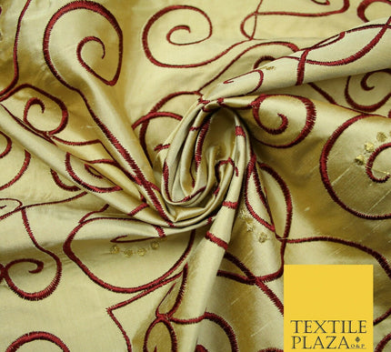 Luxury GOLD MAROON Ornate Swirl Hearts Embroidered 100% PURE SILK Fabric 4535
