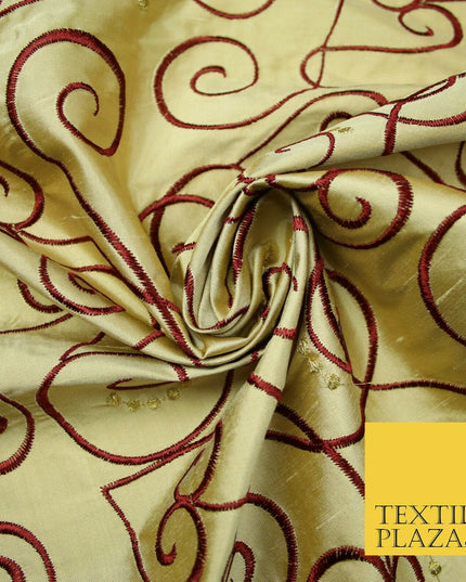 Luxury GOLD MAROON Ornate Swirl Hearts Embroidered 100% PURE SILK Fabric 4535