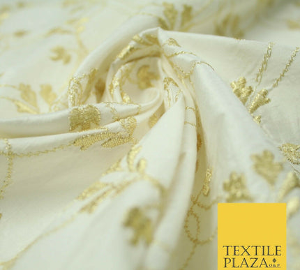 Luxury IVORY GOLD Floral Lattice Embroidered 100% PURE SILK Fabric 45" 4525