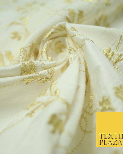 Luxury IVORY GOLD Floral Lattice Embroidered 100% PURE SILK Fabric 45" 4525