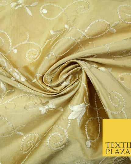 Luxury GOLD IVORY Floral Tulip Loop Embroidered 100% PURE SILK Fabric 54" 4524