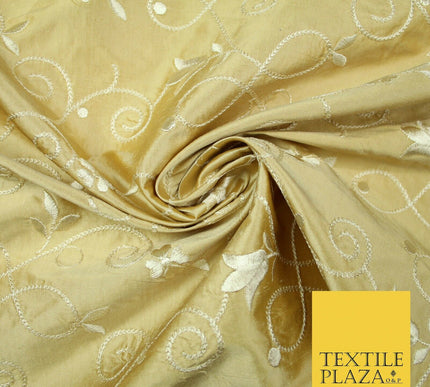 Luxury GOLD IVORY Floral Tulip Loop Embroidered 100% PURE SILK Fabric 54" 4524
