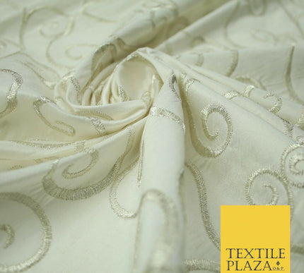Luxury SILVER Fancy Swirl Curls Embroidered 100% PURE SILK Fabric 45" Wide 4518
