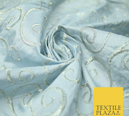 Luxury ICE BLUE Fancy Swirl Curls Embroidered 100% PURE SILK Fabric 48" 4520