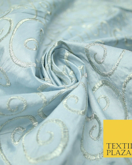Luxury ICE BLUE Fancy Swirl Curls Embroidered 100% PURE SILK Fabric 48" 4520