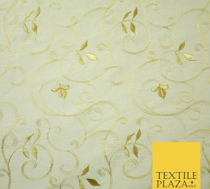 Luxury IVORY Floral Grandeur GOLD Embroidered 100% PURE SILK Fabric 45" 4529