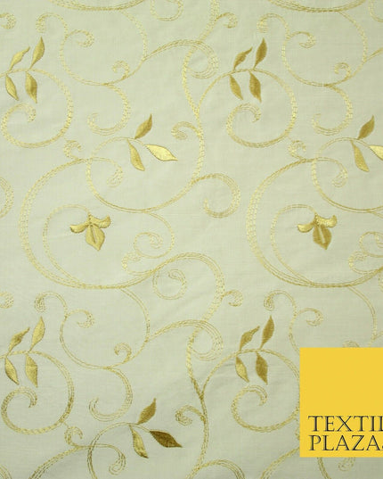 Luxury IVORY Floral Grandeur GOLD Embroidered 100% PURE SILK Fabric 45" 4529
