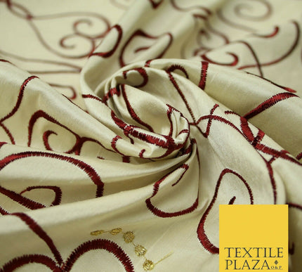 Luxury IVORY MAROON Ornate Swirl Hearts Embroidered 100% PURE SILK Fabric 4534