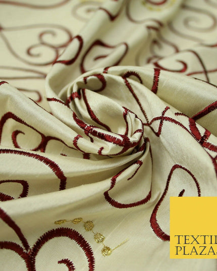 Luxury IVORY MAROON Ornate Swirl Hearts Embroidered 100% PURE SILK Fabric 4534