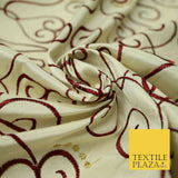 Luxury IVORY MAROON Ornate Swirl Hearts Embroidered 100% PURE SILK Fabric 4534