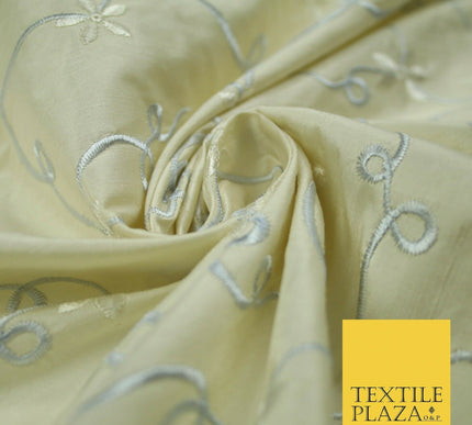 Luxury IVORY BEIGE BLUE Ribbon Flower Embroidered 100% PURE SILK Fabric 45" 4516