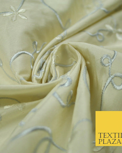 Luxury IVORY BEIGE BLUE Ribbon Flower Embroidered 100% PURE SILK Fabric 45" 4516