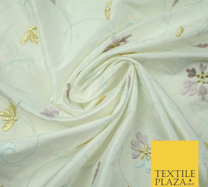 Luxury IVORY Floral Tropical Vine Embroidered 100% PURE SILK Fabric 44" 4530