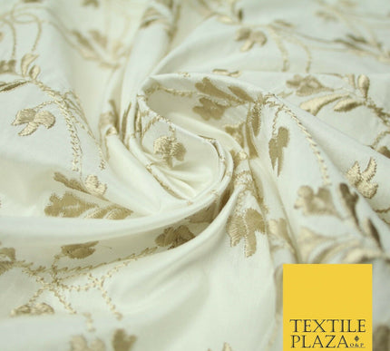 Luxury OYSTER GOLD Floral Lattice Embroidered 100% PURE SILK Fabric 45" 4527