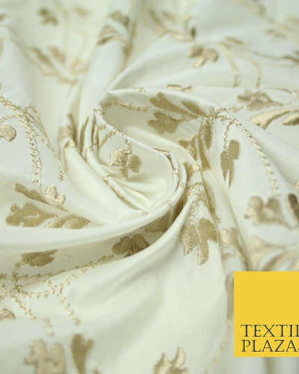 Luxury OYSTER GOLD Floral Lattice Embroidered 100% PURE SILK Fabric 45" 4527