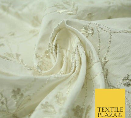 Luxury IVORY SILVER Floral Lattice Embroidered 100% PURE SILK Fabric 45" 4526