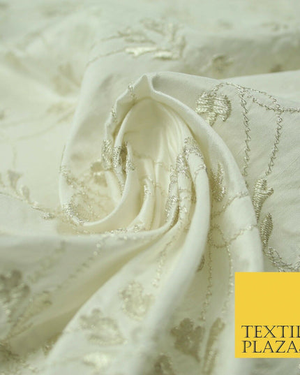 Luxury IVORY SILVER Floral Lattice Embroidered 100% PURE SILK Fabric 45" 4526