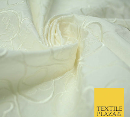 Luxury IVORY Ornate Hearts Design Embroidered 100% PURE SILK Fabric 44" 4521